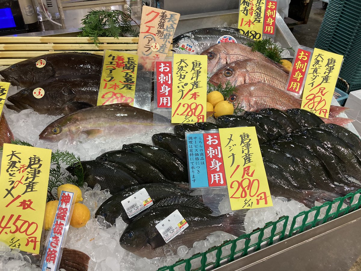 マリンセンターおさかな村 公式 目指せ10 000フォロワー ᐛ 本日の鮮魚1番売台 朝どれ養殖真鯛や唐津産ヒラス ウマヅラハギ ヒラメなどなど お刺身用ですがもちろん煮付けや塩焼きもオススメですよ 唐津 新鮮 鮮魚 たけからお届け