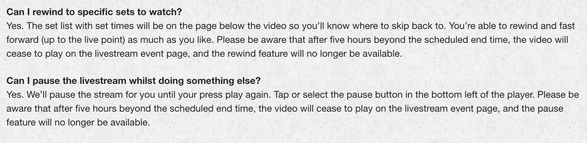 woosha8's tweet photo. @glastonbury @DriiftLive
"...after five hours beyond the scheduled end time, the video will cease to play on the livestream event page, and the rewind feature will no longer be available." So basically we'd have to stay up and watch until we finish it otherwise we can't watch it! https://t.co/93e1s9mKBr