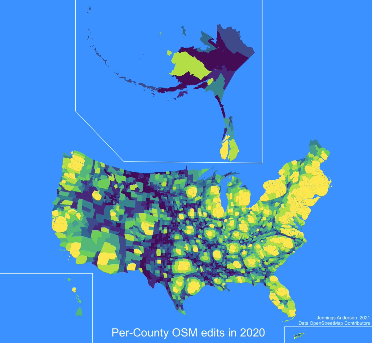 #mappingusa (another) cartogram: Total edits per US county in 2020 <a href="/OpenStreetMapUS/">OpenStreetMap US</a>