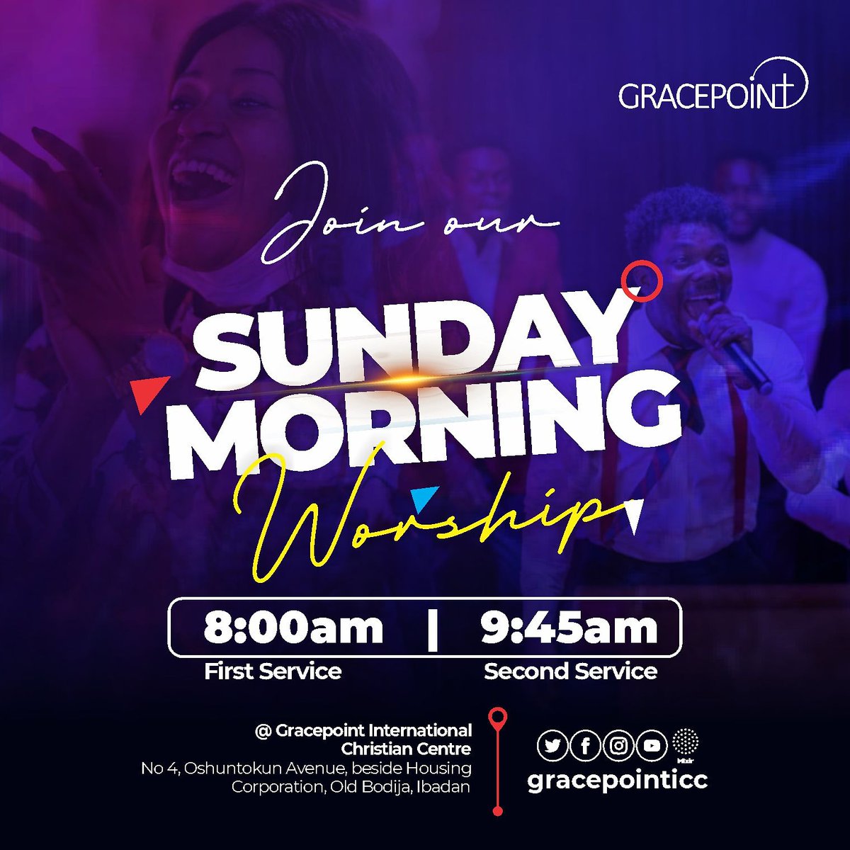 adejokeoyekan's tweet photo. This is my church and I am inviting you tomorrow.
@GracepointICC
No. 4 Osuntokun Avenue, beside housing corporation, old Bodija, Ibadan.
If you are in Ibadan, visit us for a life-changing experience.
Looking forward to seeing you.
#bodijaibadan 
#sundayservice 
#worship https://t.co/hUvgVh88Vp