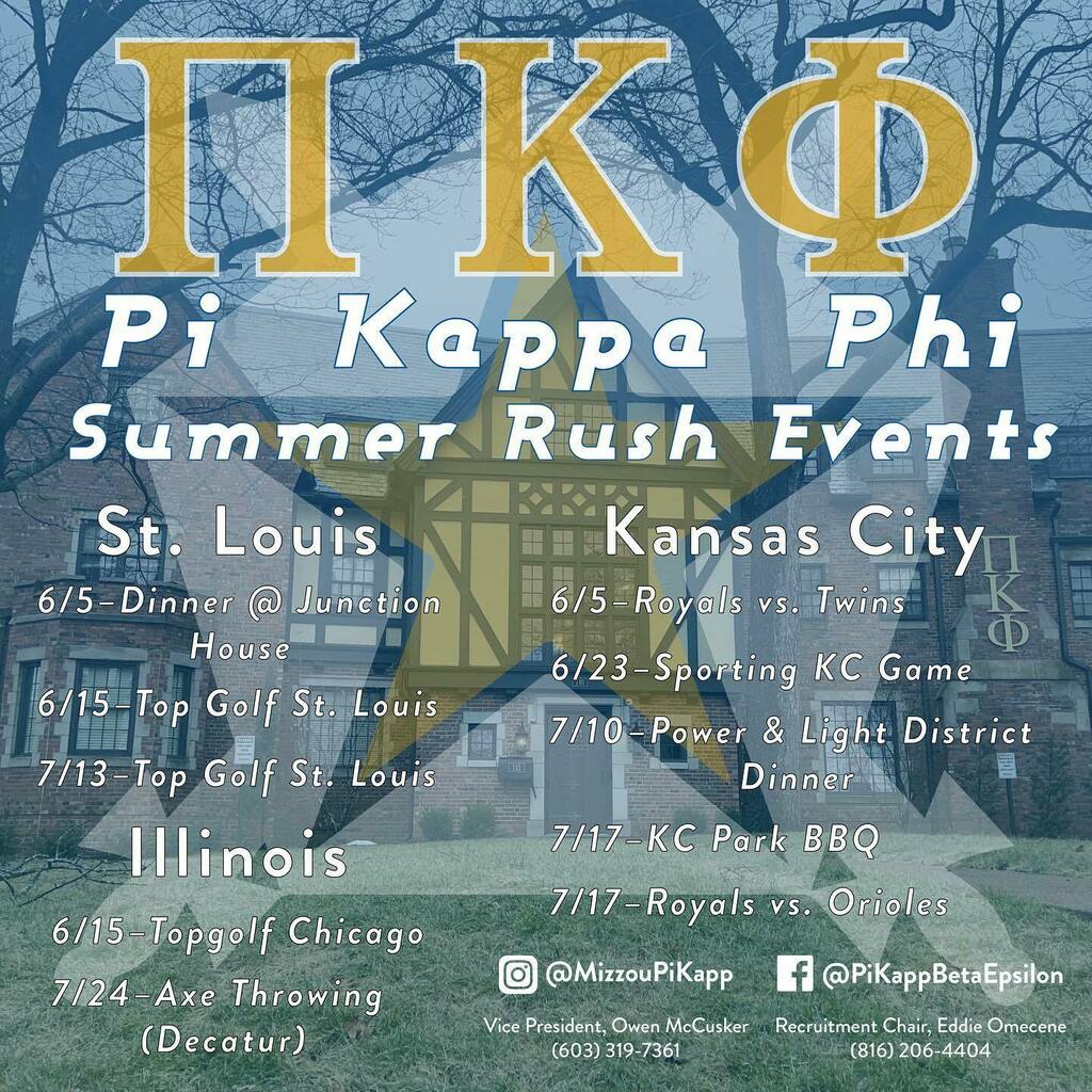 MizzouPiKapp's tweet photo. Rushing in the fall? Get to know the boys early and come to one of our summer rush events! #rushpikapp #rushpikappaphi
Contact @owen.mccusker or @eddie.omecene for more information!
•
Refer a potential new member here!
https://t.co/yZbTYnSdwm
•… https://t.co/LTEwby7oXj https://t.co/XKQj9k1fQO