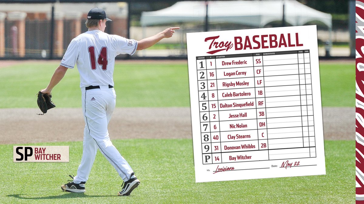 Here's how we line up in the regular season finale. Let's do this!

🆚 Louisiana
📍 M.L. Tigue Moore Field
⏰ 4 p.m.
📊 gotroy.us/3bNjMuq
📻 gotroy.us/3qD2PIj

#theTROYway | #OneTROY ⚔️⚾️