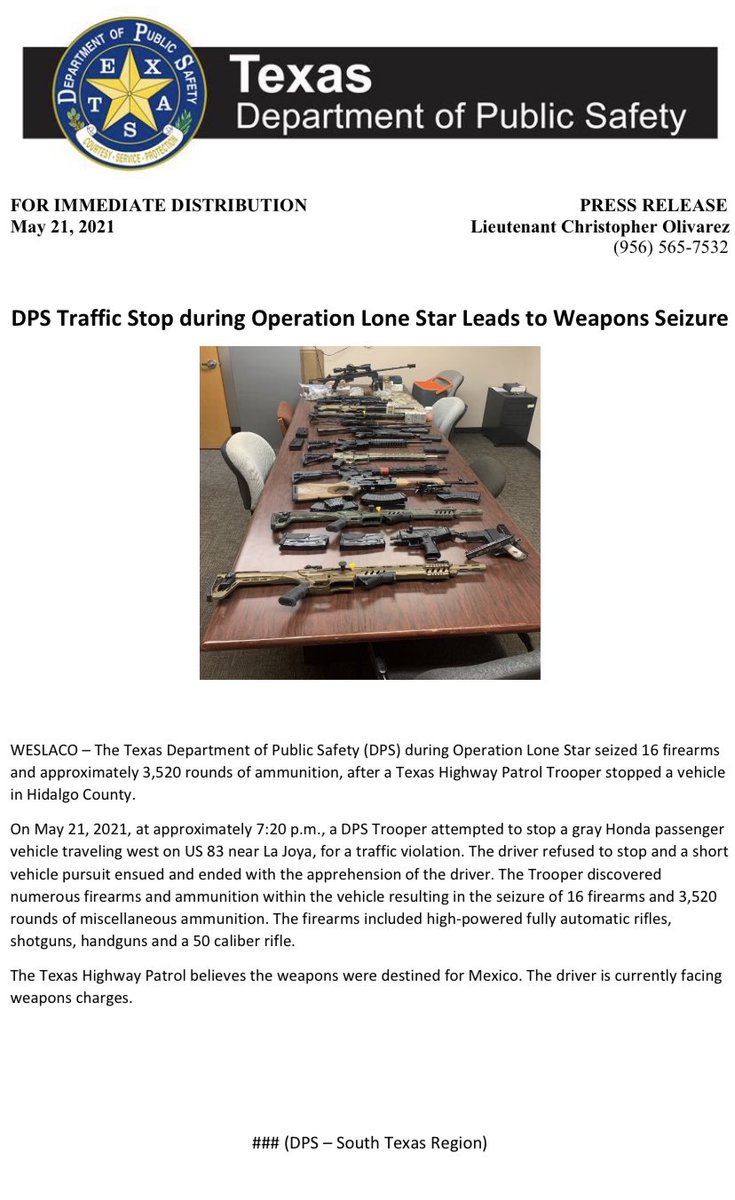 TxDPSSouth's tweet photo. On 05/21/21, @TxDPSSouth Trooper seized 16 firearms and 3,520 rounds of ammunition during #OperationLoneStar. See ⬇️ for more details: https://t.co/3e8bjrCieh
