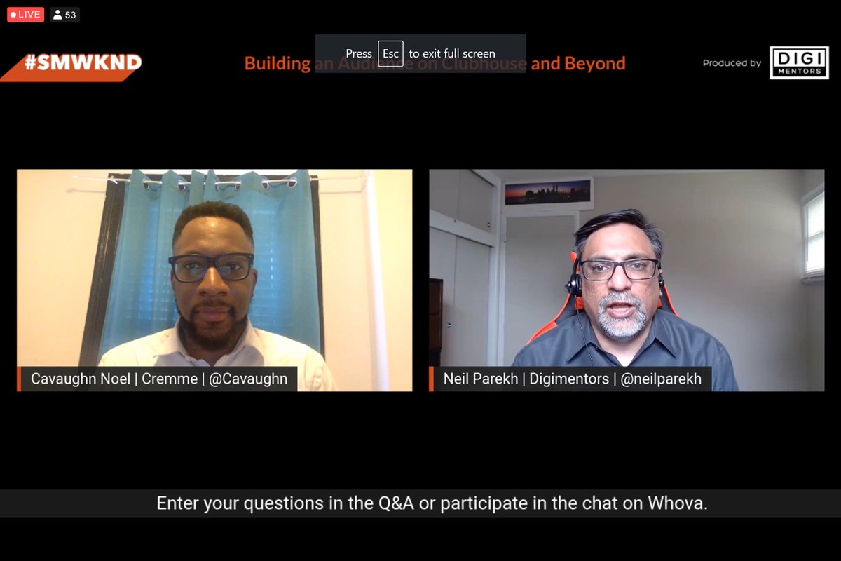 Advice from <a href="/cavaughn/">Cavaughn</a>: If you open a Clubhouse club, “buy the dot-club domain.” 
Why? If your club gets popular, someone else could buy it and try to sell it back to you.
Don't rely on #Clubhouse for everything
"Leverage it to get some of the things you need..."
#SMWKND <a href="/smwknd/">Social Media Weekend #smwknd</a>