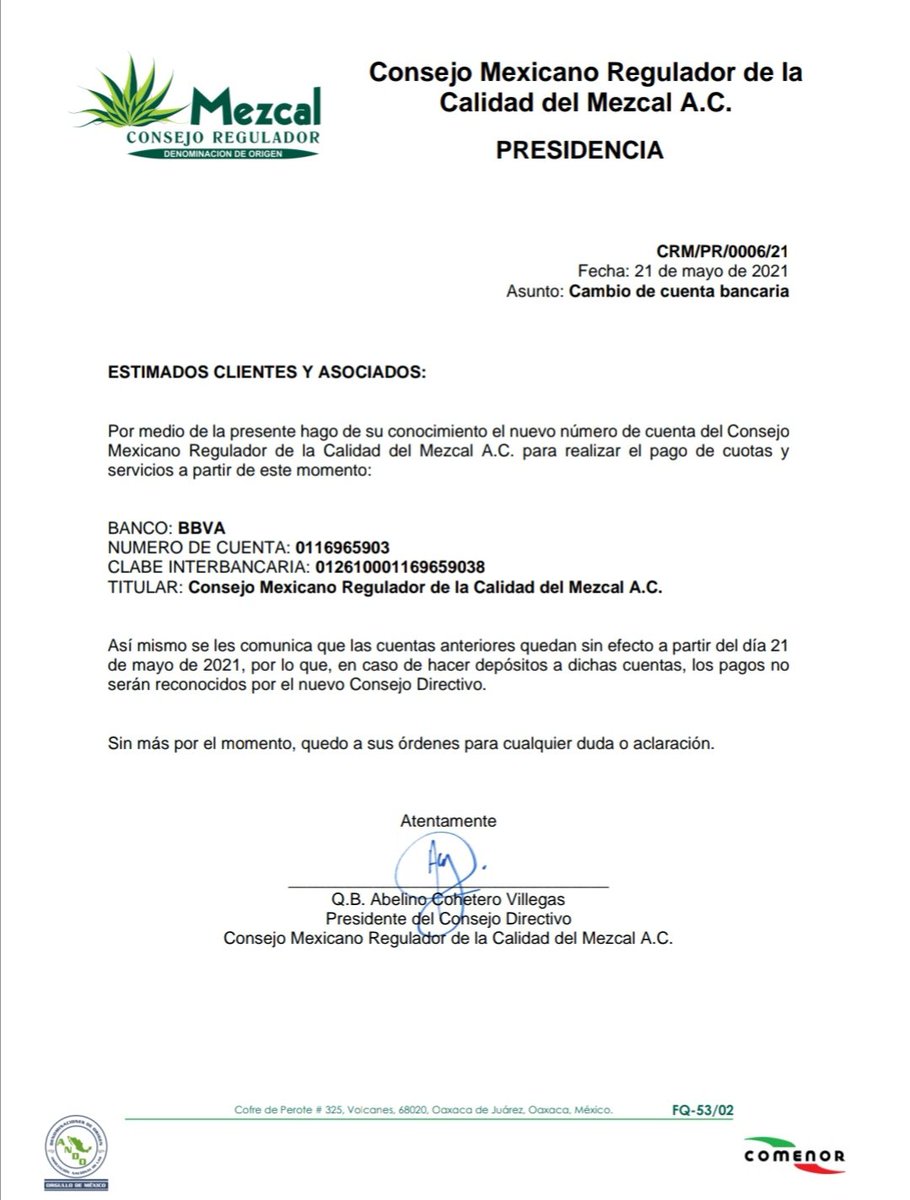 COMERCAM_AC's tweet photo. La Presidencia del Consejo Mexicano Regulador de la Calidad del Mezcal A.C. informa a los asociados sobre la nueva cuenta bancaria.

#ConsejoMexicanoReguladorDeLaCalidadDelMezcalAC #ComercamAC #PresidenciaComercamAC #COMERCAM #MezcalPuntoCom https://t.co/Ba0StHJTSs