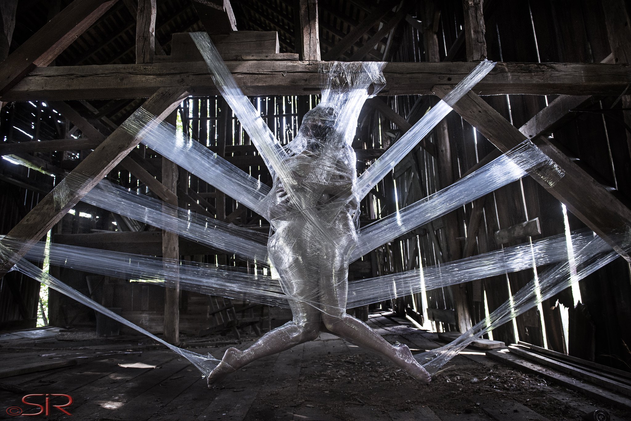 1 pic. Caught 🕷️🕸️ + emergence 🦋 This got a lot of attention, so I thought I'd share a few more. #plasticwrapspiderweb #cocoon #trapped #suspended #bondage #art https://t.co/C0BBDbOKIX