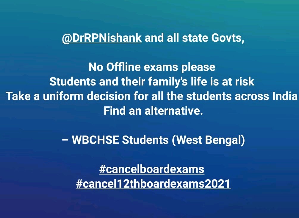 Cancel_WB_12th's tweet photo. #cancelboardexams

@DrRPNishank Sir, WBCHSE class 12th students of West Bengal are forced to apear For offline exams. Democracy Or Dictatorship.
See if you can consider our problems!

#CANCEL12THBOARDEXAM2021 
#cancelboardexams 
#cancel12thboardexams2021 https://t.co/Zp894zpfM8