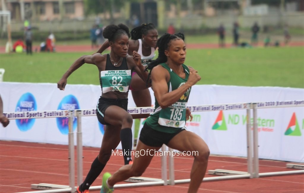 MakingOfChamps's tweet photo. MoC's Miracle Thompson ran her second sub 14s ever in the women's 100m Hurdles, cleanly taking the barriers to emerge a clear winner in a time of 13.88s. Eseroghene Awusa finished 2nd in 14.30s, and Adaeze Nwokike came in 3rd clocking 14.40s #MoCInvitational https://t.co/EynXcNicOd