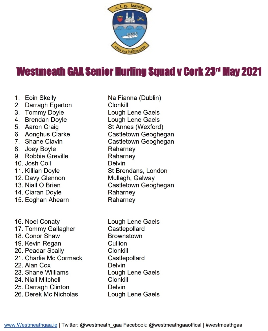 Westmeath GAA on Twitter "Westmeath senior hurling squad to take on