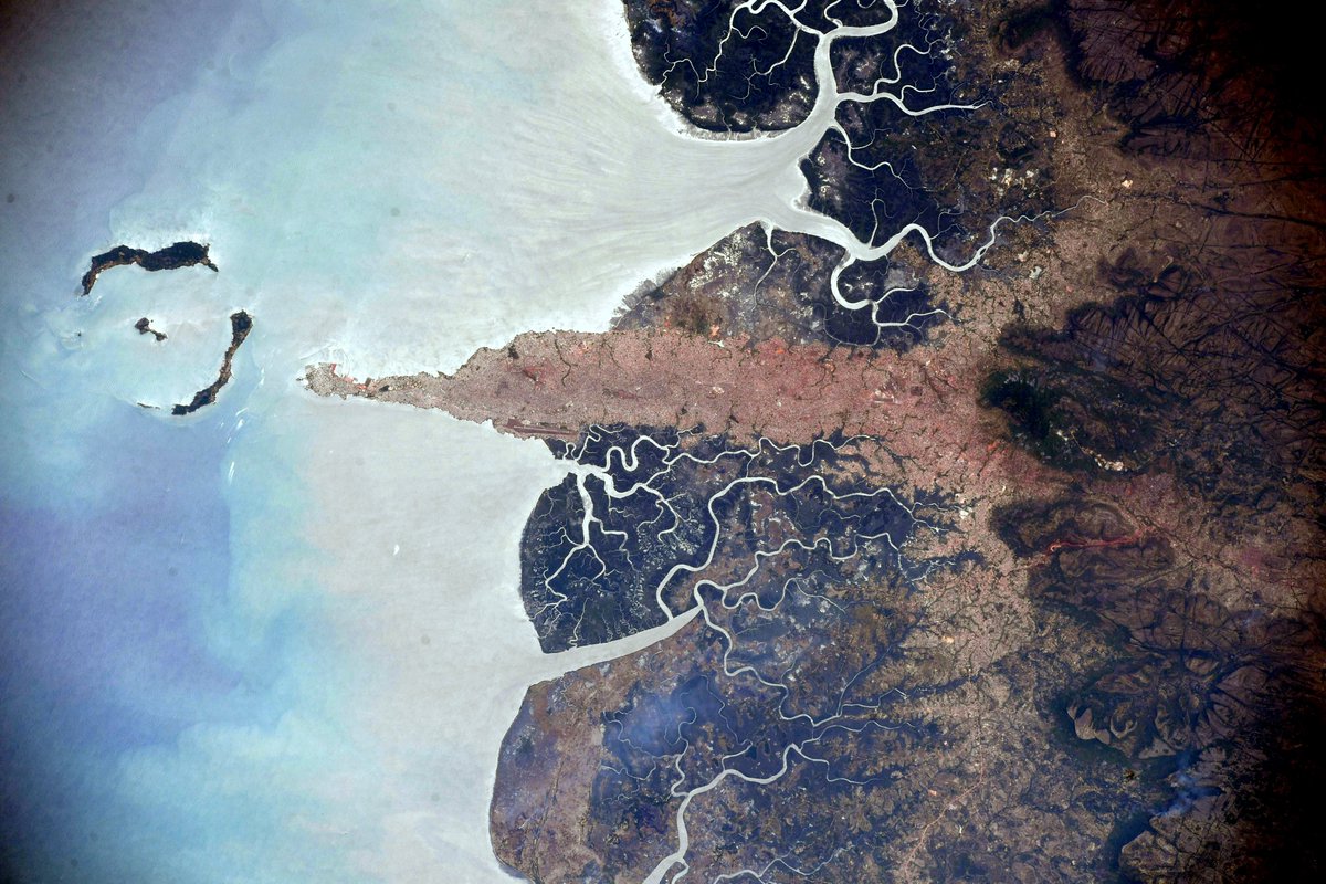 Thom_astro's tweet image. Alors qu’on descend vers le sud le long de la côte ouest de l’Afrique, Conakry est immanquable. Elle semble s’étirer de la zone humide de la côte vers les Îles de Loos… Presque comme quelque chose d’organique qu'on étudierait au 🔬🇬🇳