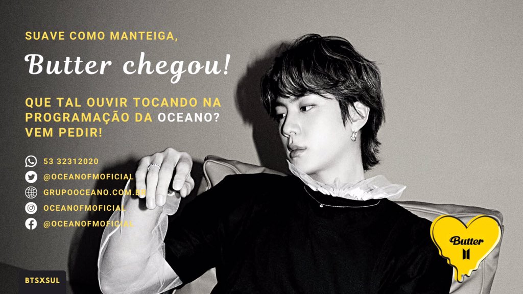 BTSxSUL's tweet photo. 📻 BUTTER NA RÁDIO 🧈 

Voltei com mais metas! Bora continuar os pedidos? 

🧈 250 pedidos 
🧈 50 rt's

Exemplo:

Olá @OceanoFMOficial! Toca pra gente o lançamento #Butter do grupo @BTS_twt na sua programação? Nós vamos amar!  Obrigada!💛

#BTS_Butter  #BTSARMY 

| Moon☽ https://t.co/v02T4DcBTu