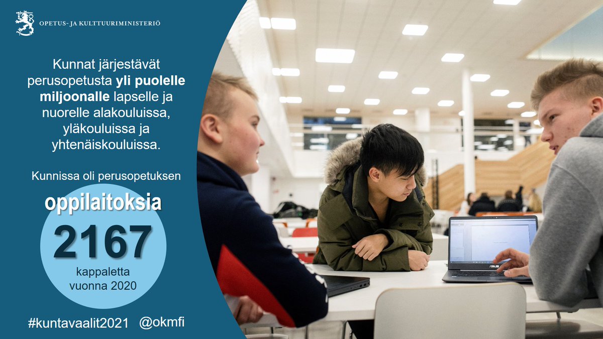 Kunnat järjestävät #perusopetus'ta joka vuosi
🎒 lähes 5 500 miljoonalla eurolla 
🏫 2 167 oppilaitoksessa
🚸 yli puolelle miljoonalle lapselle ja nuorelle!

Kuntavaalit ovat siis myös mitä suurimmassa määrin, vahvasti ja voimakkasti #perusopetusvaalit!

#kuntavaalit2021 <a href="/okmfi/">Opetus- ja kulttuuriministeriö</a>