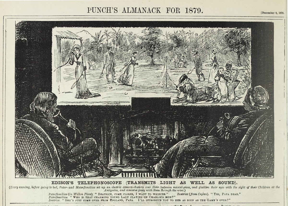 RealPreCinema's tweet photo. In his description of his #Telephonoscope, #Robida gives us television, video, video-conferencing, and email all rolled into one including the cable news channels. Robida may have seen a copy of 'Punch's Almanack' of 1879 (BR) while drafting his novel. SEE https://t.co/a47XhYnSVx https://t.co/IH6Dd8oo54