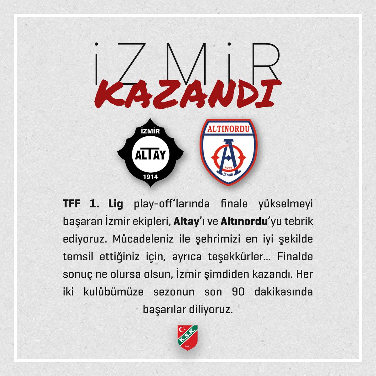 Tebrikler <a href="/AltaySporKulubu/">Altay Spor Kulübü</a> ve <a href="/AltinorduFK/">Altınordu FK</a> 👏