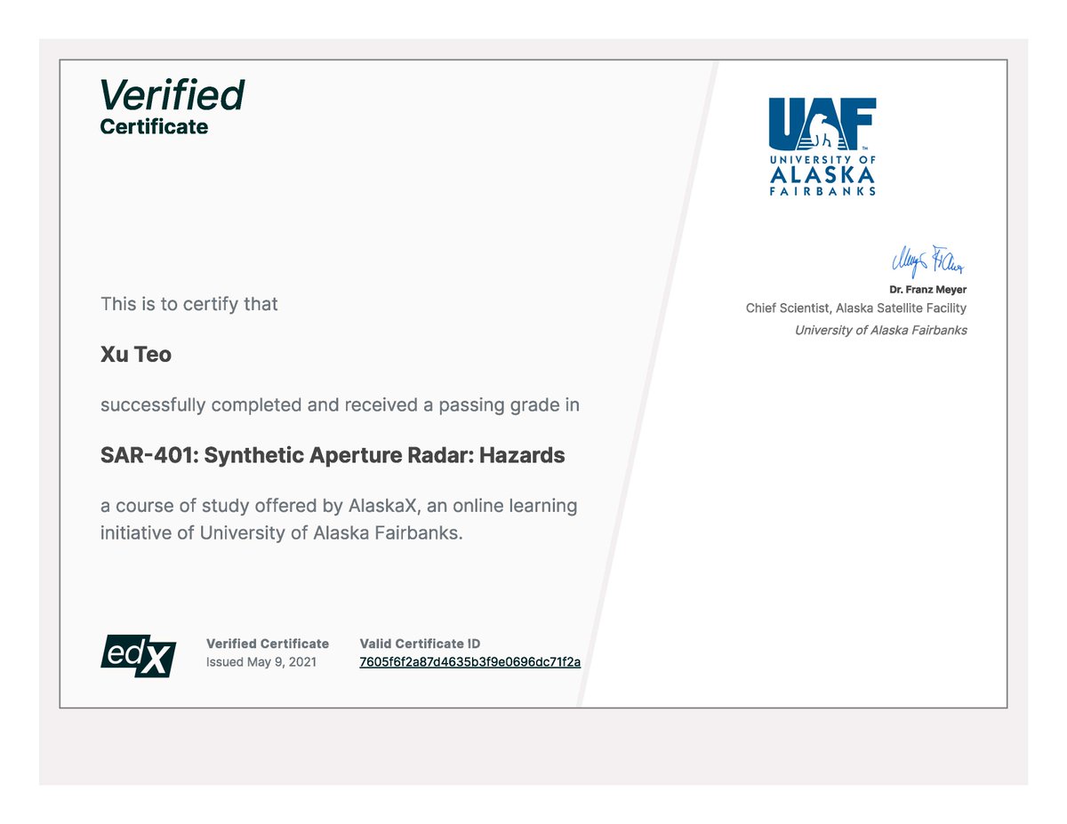 Xu Teo | 张旭 (@teoxu) on Twitter photo A big thank you to <a href="/SARevangelist/">Franz J Meyer</a> and the team at <a href="/Ak_Satellite/">AKSatelliteFacility</a> for putting together this excellent <a href="/edXOnline/">edX</a> #MOOC on the use of #SAR for #disastermanagement / #monitoring! Great fun! #InSAR #GoldenAgeOfSAR #SyntheticApertureRadar A big thank you to <a href="/SARevangelist/">Franz J Meyer</a> and the team at <a href="/Ak_Satellite/">AKSatelliteFacility</a> for putting together this excellent <a href="/edXOnline/">edX</a> #MOOC on the use of #SAR for #disastermanagement / #monitoring! Great fun! #InSAR #GoldenAgeOfSAR #SyntheticApertureRadar
