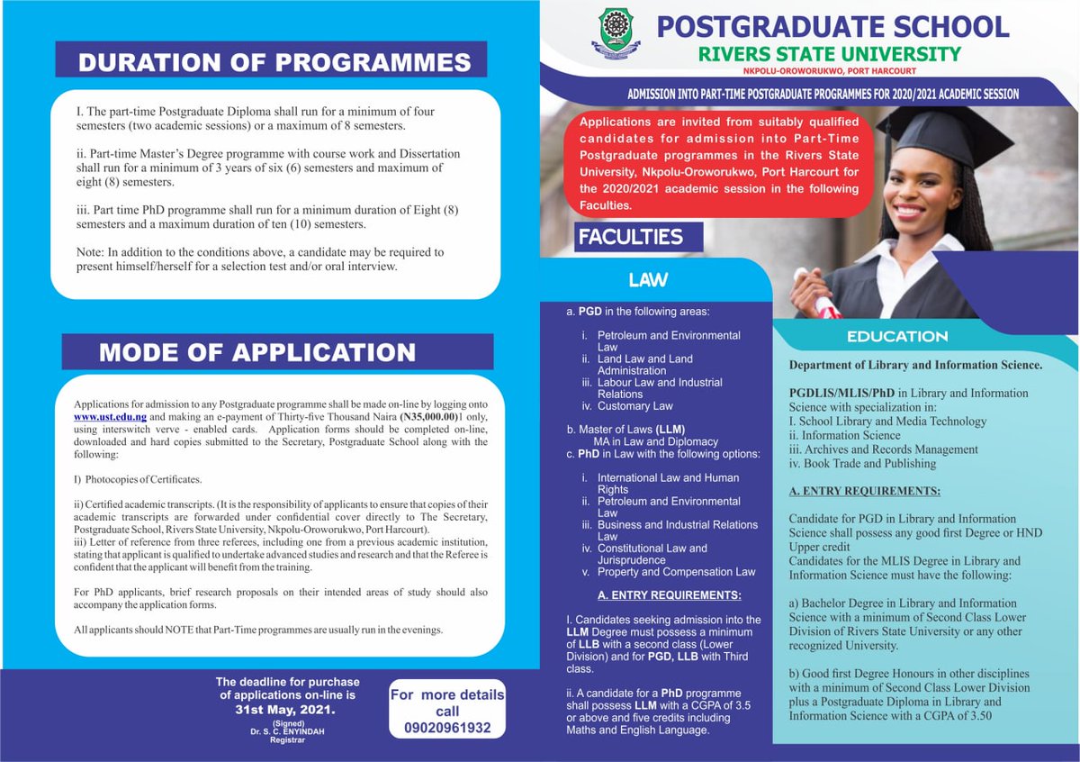 ShepherdFubara's tweet photo. POSTGRADUATE SCHOOL
RIVERS STATE UNIVERSITY, PORTHARCOURT
Part-Time PG Programmes
Work and Learn! https://t.co/IyLPM0h7ei