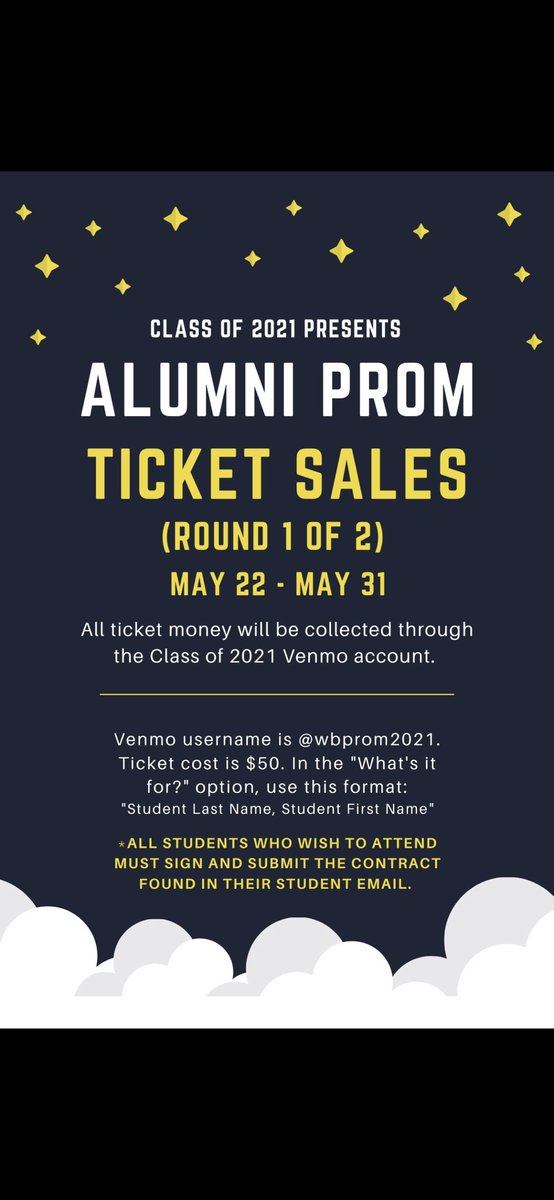 wbhs_2021's tweet photo. Prom tickets are out! Round 1 of tickets sales starts now and is only for WBHS seniors! (Limited capacity) https://t.co/4uII9tuVlo