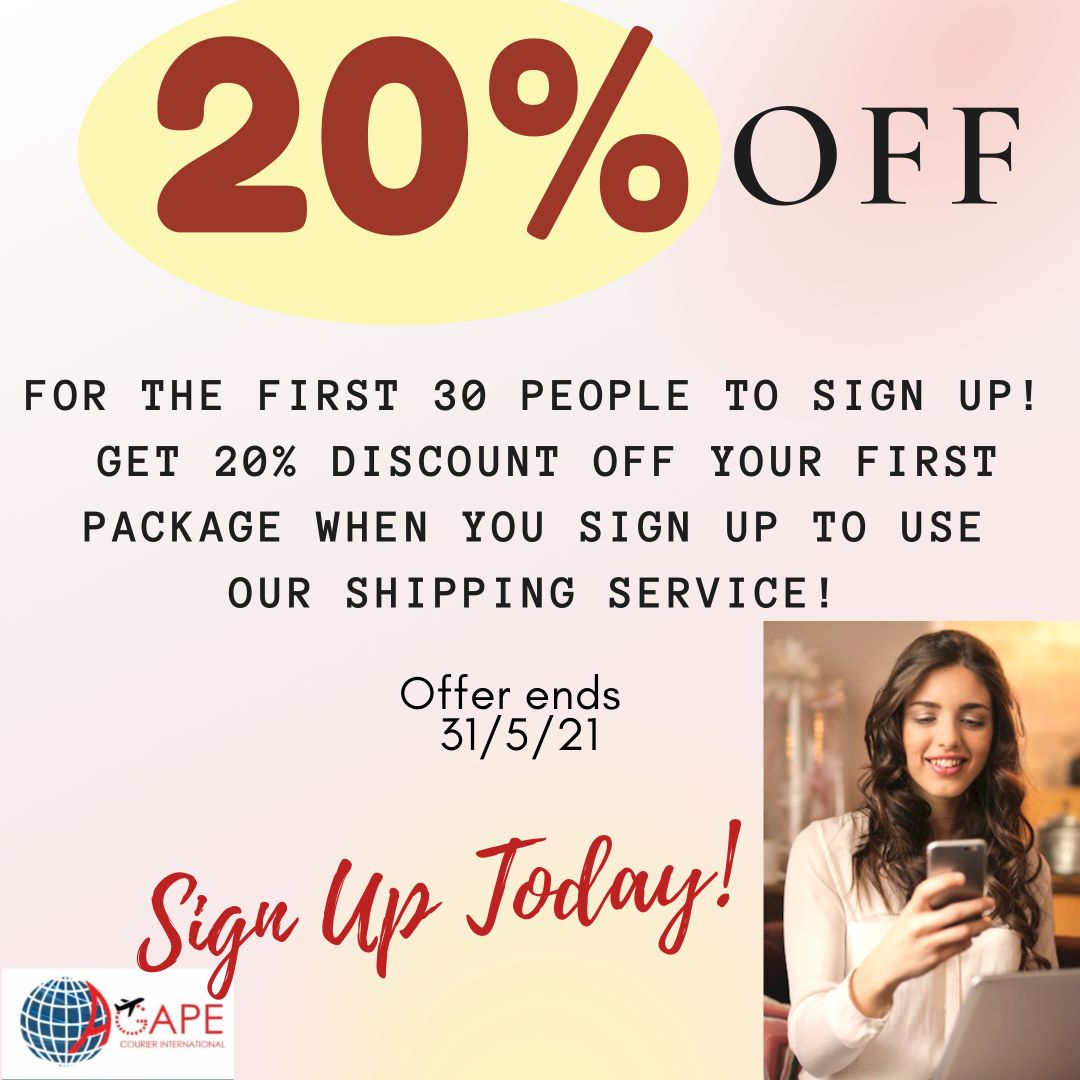 It's time to go shopping. For a limited time, we are offering you 20% off! Catch this sale by signing up with us TODAY. Visit agapecourier.com to register. #shipwithagape #1courierservice #shiptojamaica