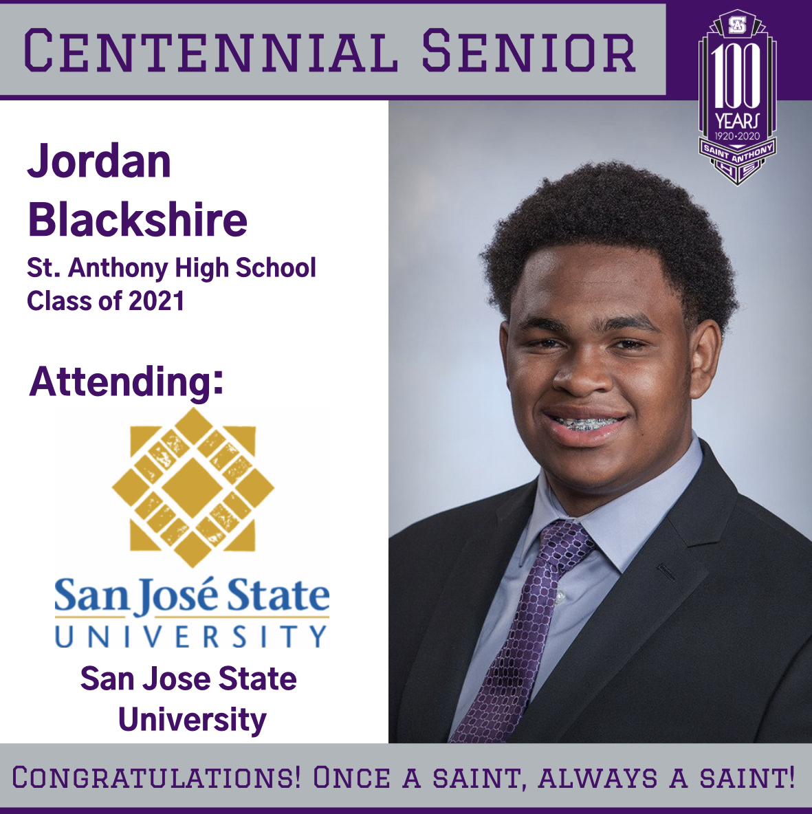 Highlighting our Centennial Senior Class of 2021: Jordan Blackshire. 💜