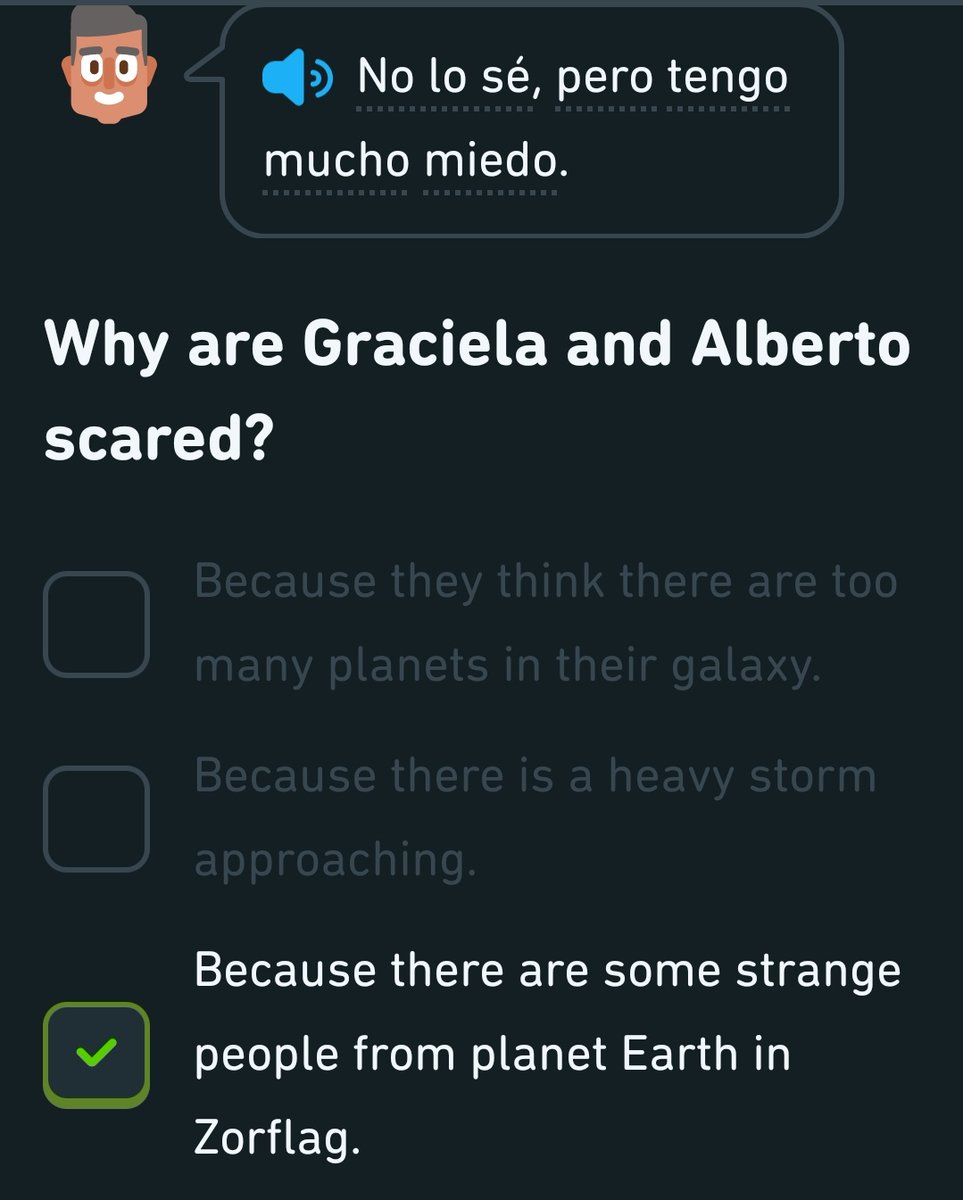 dclarksonwriter's tweet photo. From showering with my cat to a dog wearing pants to this. Duolingo is literally making up nonsensical words now. Aliens from the planet Zorflag!?! I'm going to struggle if I ever make it back to Spain. https://t.co/FsJ01ELusT