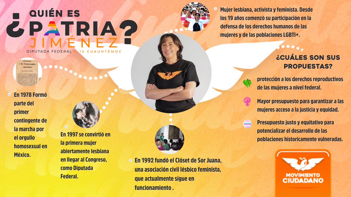 Soy patria Jiménez, candidata a diputada federal por el dto. 12, este 6 de junio, vota por tus causas, conóceme y así caminemos junt@s hacia una ciudad amigable, incluyente y de libertades 🏳️‍⚧️🏳️‍🌈
#DiversidadEnMovimiento 
#Elecciones2021MX 
#MovimientoCiudadano