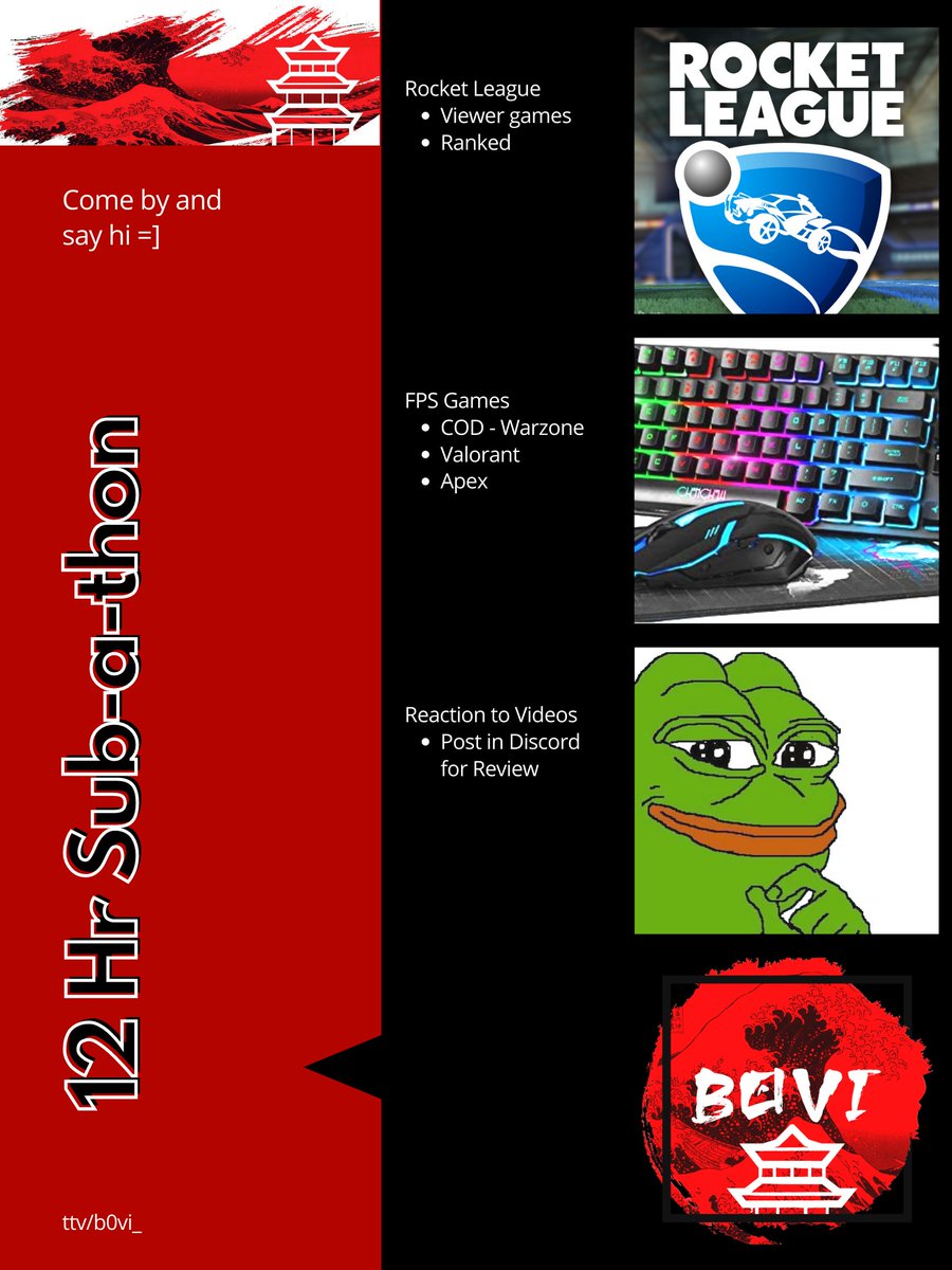 Come on by and chill in the stream =] We will be going for 12hrs (4pm-4am)

Hope you can make it!

twitch.com/b0vi_