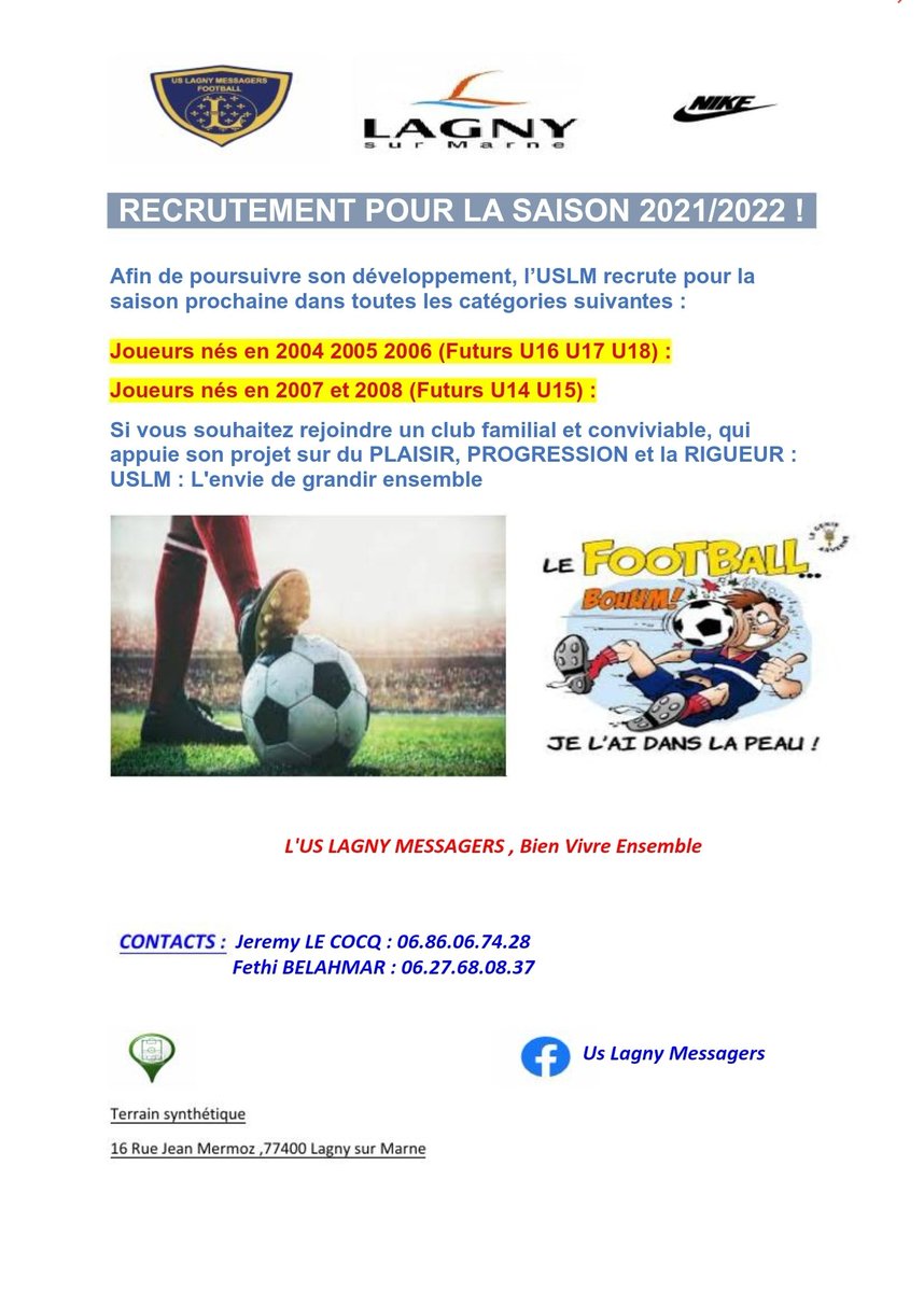 UsLagny's tweet photo. Bonsoir.

Le club recherche pour la saison 2021/2022 des joueurs pour le foot à 11 dans quelques catégories. 
Si vous êtes intéressés et motivés pour faire grandir le club avec nous, n'hésitez pas à nous contacter.
Nous sommes à votre disposition pour vous renseigner. https://t.co/QE3jF0S0Iz
