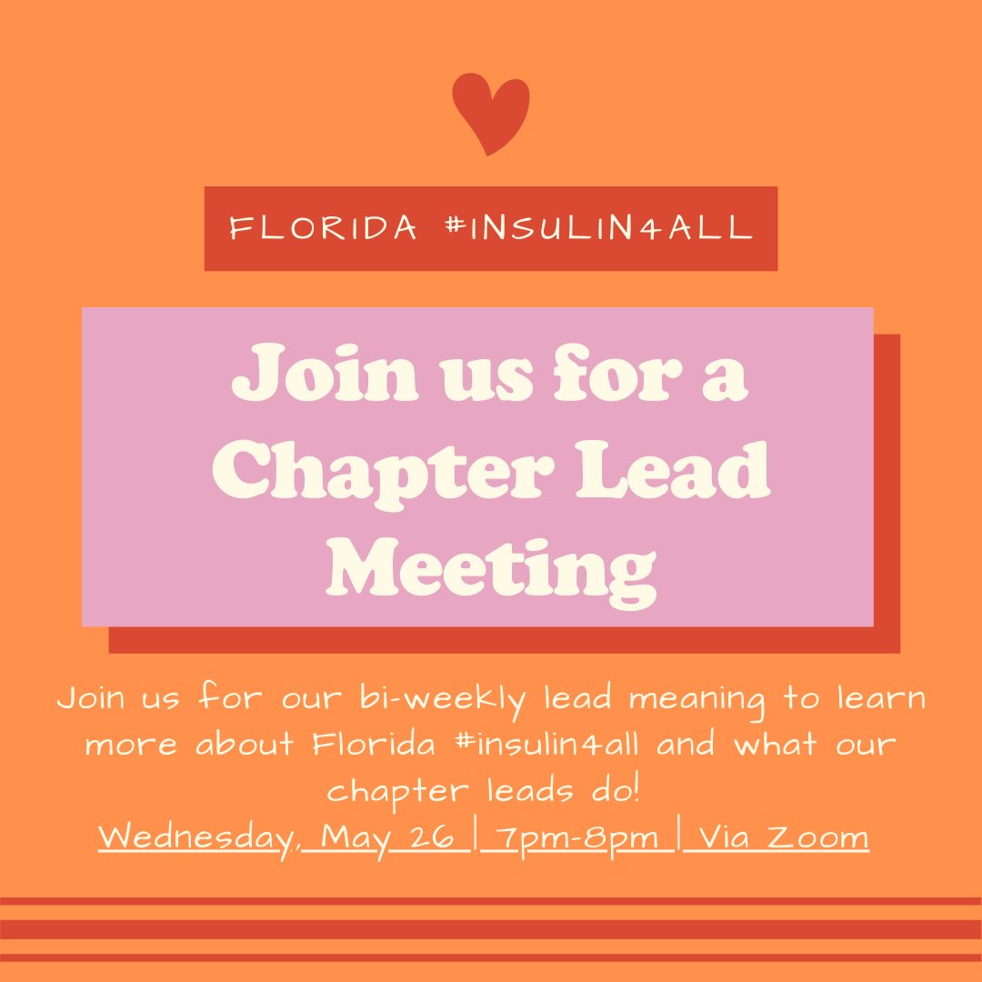 Join us this week for our bi-weekly Chapter Lead Meeting on Wednesday, May 26 at 7-8 PM via Zoom. This is an amazing way to learn more about our initiatives, lead members, and how to get more involved with the chapter!
Zoom ID: 930 385 2930

#insulin4all #insulin #t1international