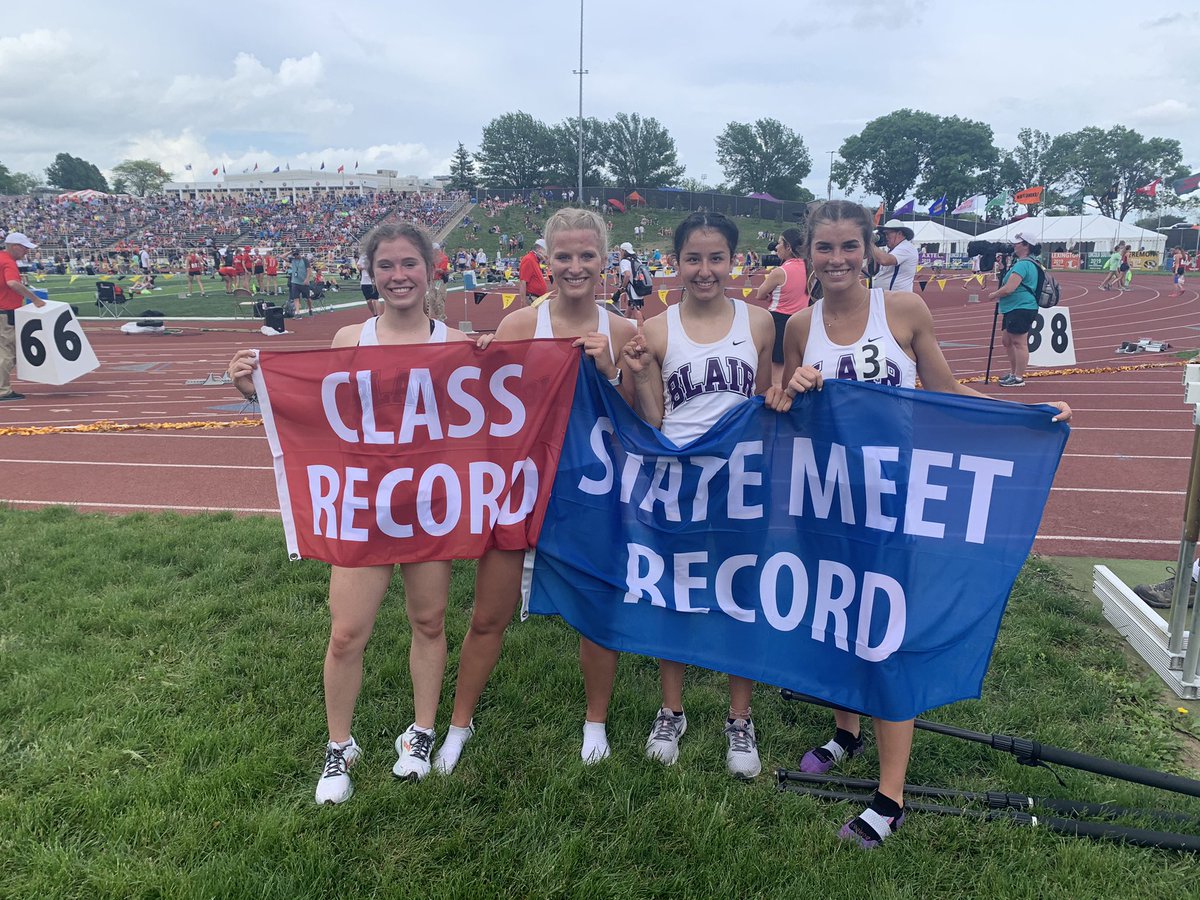 Coach_Soukup's tweet photo. STATE CHAMPIONS!!
Blair girls win the Class B 4x100 Meter Relay!!
They run 48.75 to break the Class B State Record!!

They were unbeaten all year long!!

Congrats Abby, Reese, Erika and Grace!!  #HallOfFame 

#BlairBears @BHSGameTime @BHSBlair @EntPubSports https://t.co/TWWXf0BN8a