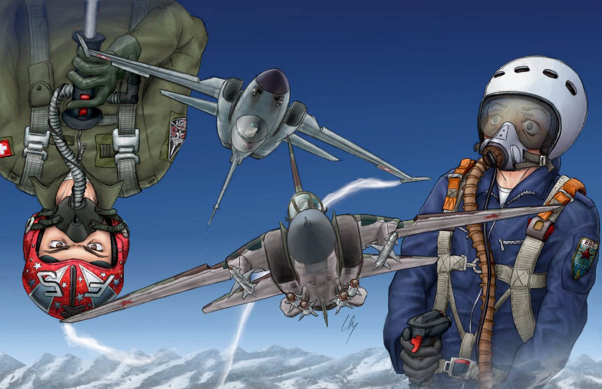Flying_Hueman's tweet photo. The year is 1981. You cross the Swiss Alps, with 6 missiles and not a single worry. 
You see something pop up in your mirror. You pull hard on the stick. As if to mock your missiles, on the nose of the little plane, a pair of gun gas deflectors flick open.
It's already too late. https://t.co/jUxMye2rCh