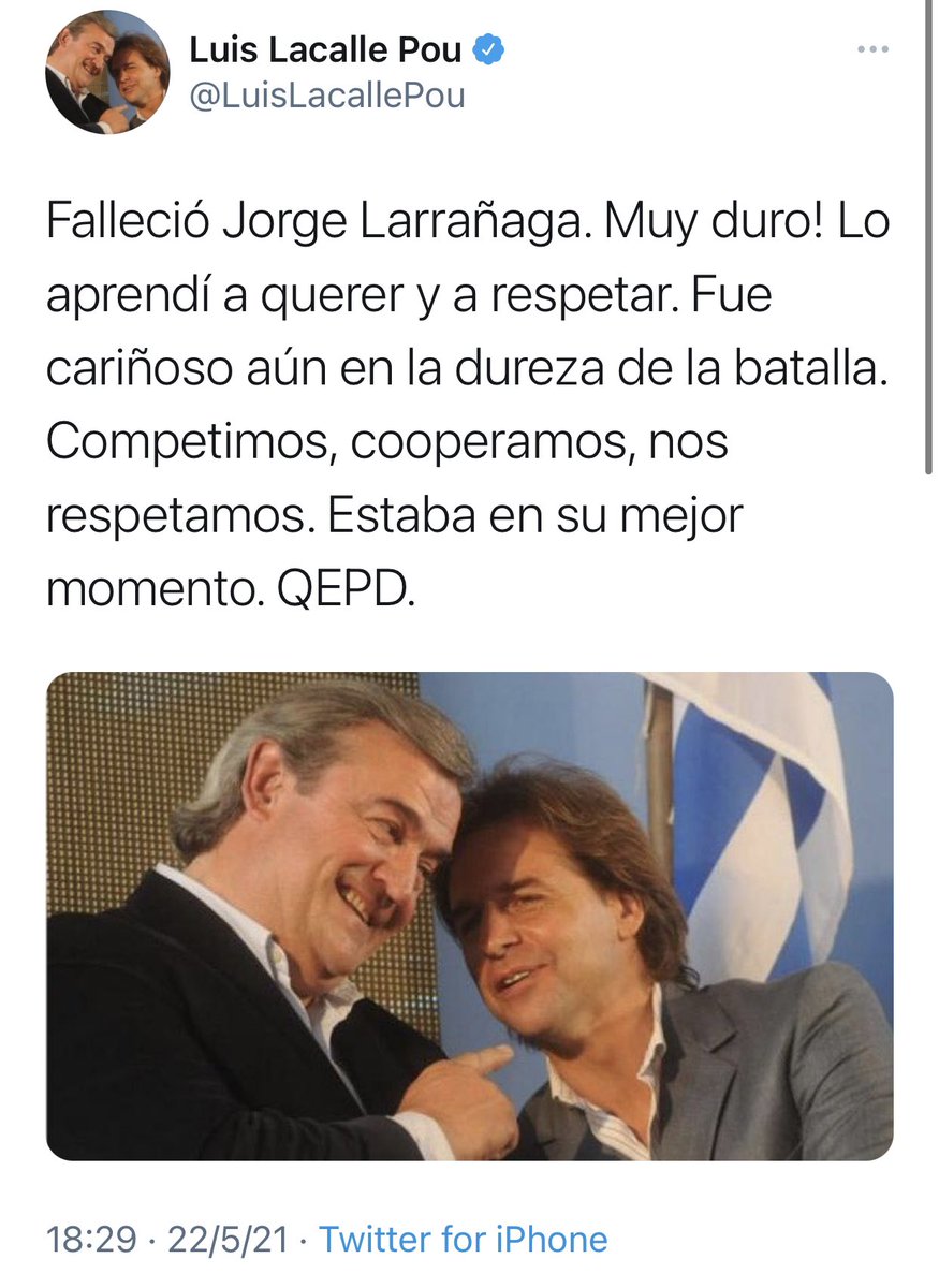Noticia muy dura para el partido y para el país. 
Asumió un Ministerio que muchos pensamos que era muy difícil y venía haciendo una tremenda gestión. 
El mejor Ministro del Interior de los últimos 15 años. 
Dejo todo por la causa. Saludos a la familia y amigos. 
QEPD.