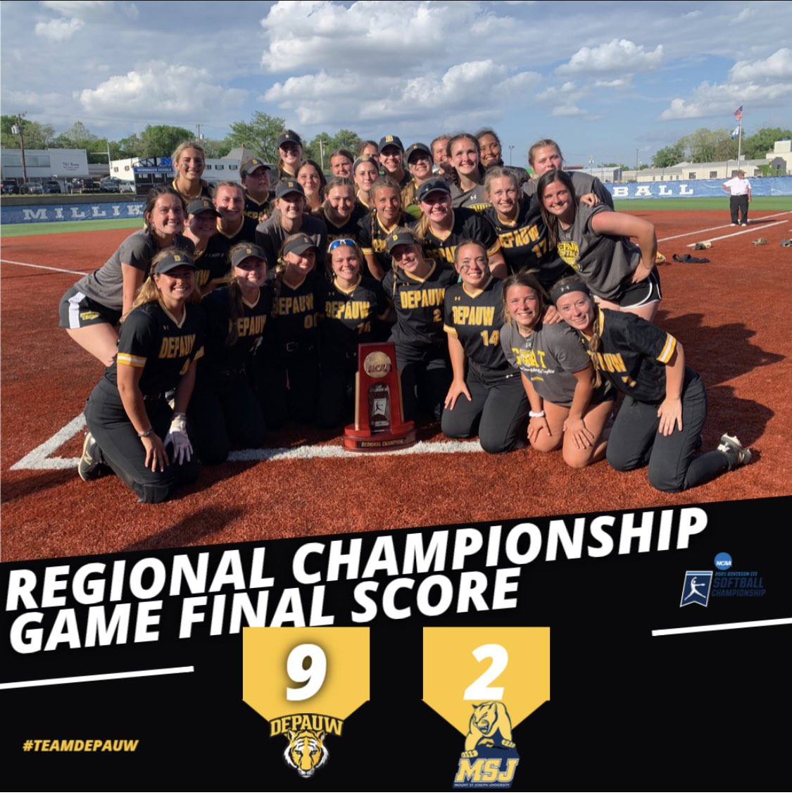 DePauwAthletics's tweet photo. The #1 @DePauwSoftball team beat Mount St. Joesph 9-2, to take home the Decatur Regional Championship! The Tigers securetheir fifth Regional Championship in program history! Stay tuned for more details!! #TeamDePauw #DNQ #d3sb #NCAAD3 https://t.co/9pAdZHt4yb