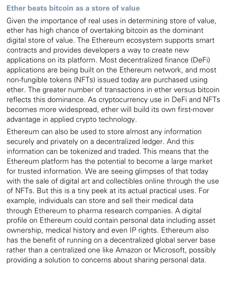 santiagoroel's tweet image. “Ether beats bitcoin as a store of value. The Ethereum ecosystem...provides developers a way to create new apps. Most of DeFi apps are being built on Ethereum. The greater number of transactions in ether vs bitcoin reflects this dominance” - Goldman Sachs Global Macro Research