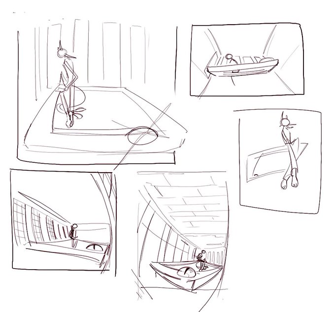 I always start by sketching in a normal angle just to have an idea of how the space in the drawing is gonna work, then i spend like an hour changing the angle to have some funky perspective and make the composition more appealing, and after that i can start the final sketch o(-( 