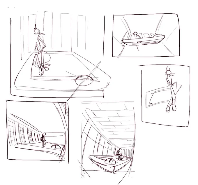 I always start by sketching in a normal angle just to have an idea of how the space in the drawing is gonna work, then i spend like an hour changing the angle to have some funky perspective and make the composition more appealing, and after that i can start the final sketch o(-( 
