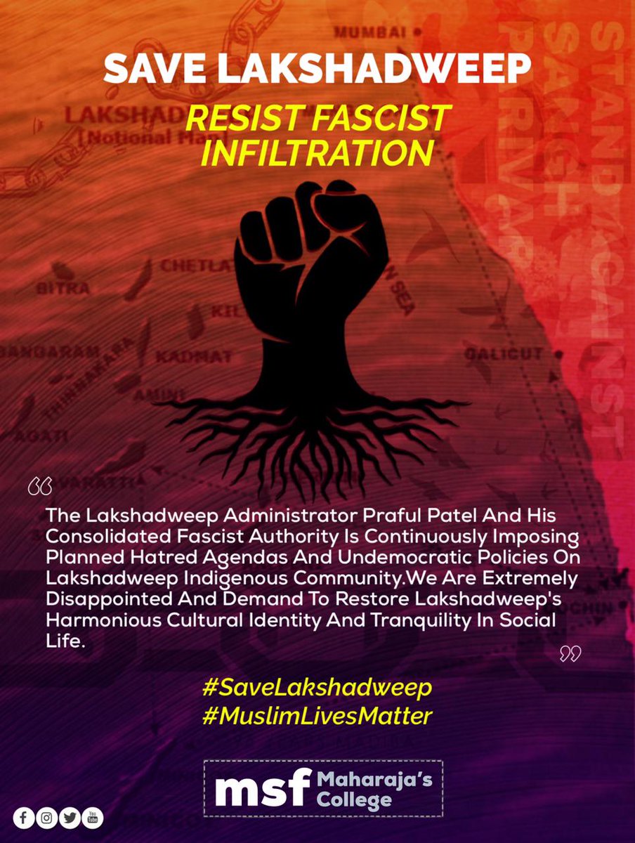 msfmaharajas's tweet photo. #SaveLakshadweep
The Lakshadweep Administrator And the Fascist Authority Is Continuously Imposing Planned Hatred And Undemocratic Policies On Lakshadweep Community. We Demand To Restore  Cultural Identity And Tranquility In their Social Life.
#MuslimLivesMatter
💚#msfMaharajas💚 https://t.co/G1EkkVYAkU
