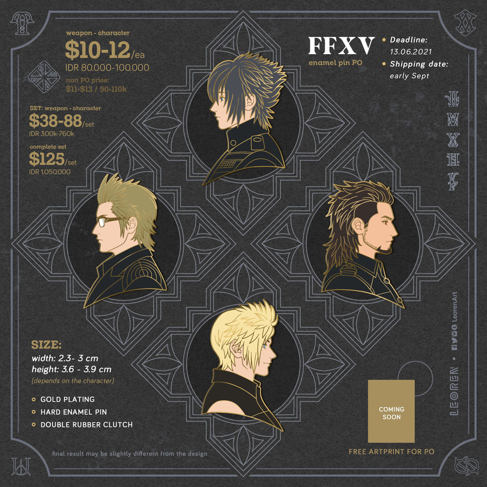 LeorenArt's tweet photo. I promised this FFXV set since last year and finally manage to finish 'em. Thank you so much for your patience.

FFXV enamel pin PO is available in my store:
https://t.co/cEnw1qvpfO
(ship international)

#finalfantasyxv #noctis #prompto #ignis #gladiolus https://t.co/1qKc9dtDLr