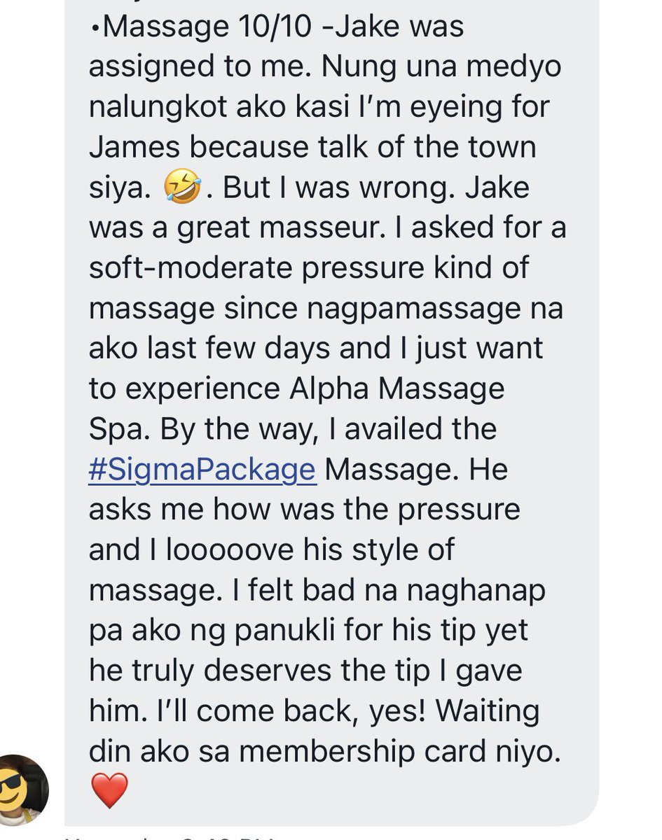 massage_alpha's tweet photo. Given our Soft Opening Week people has been giving us 9/10 overall rating & experience while MASSAGE QUALITY is rated 10/10 by majority. THIS IS A DETAILED OVERALL FEEDBACK:facilities, wet area, therapist, customer service. #SigmaPackage done by JAKE. Welcome to #AlphaFamily ♥️ https://t.co/8YOKq2zbI0