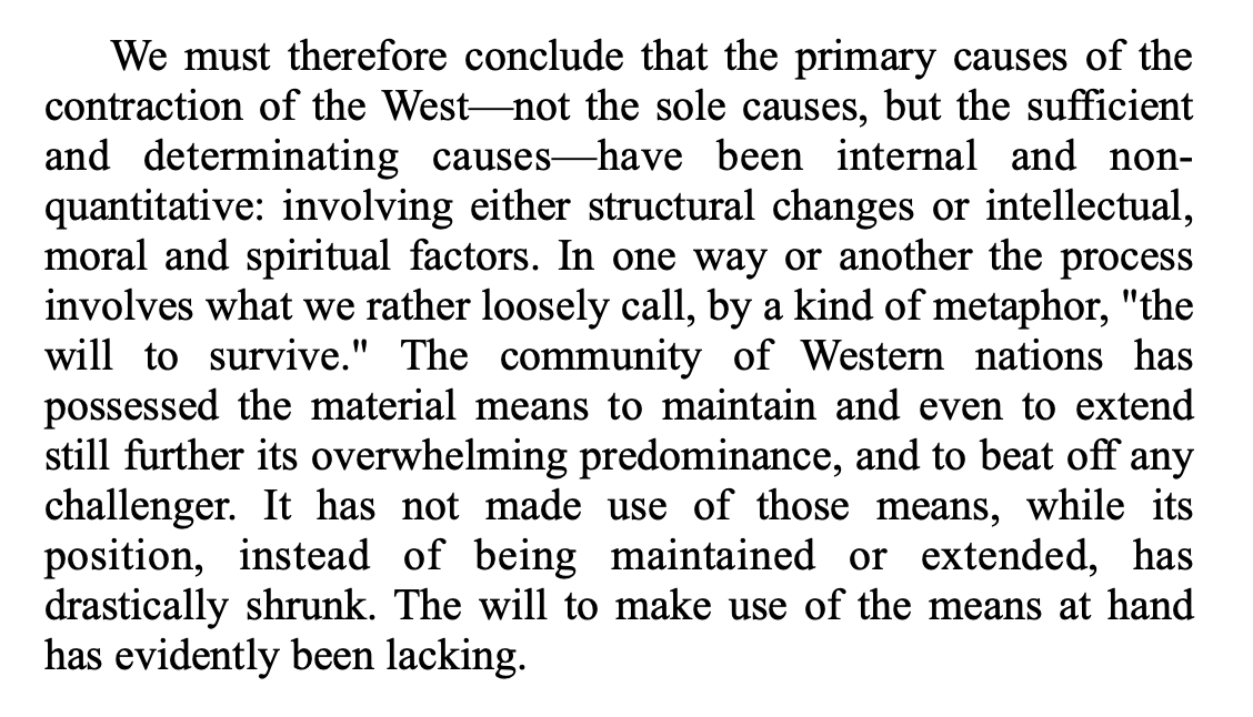 In just fifteen pages of "Suicide of the West," Burnham's already proven a major thesis: that the West has lost the will to survivePublished 1964, so written before the Civil Rights Act. Always crazy to read people forecasting these processes so (relatively) early in the game