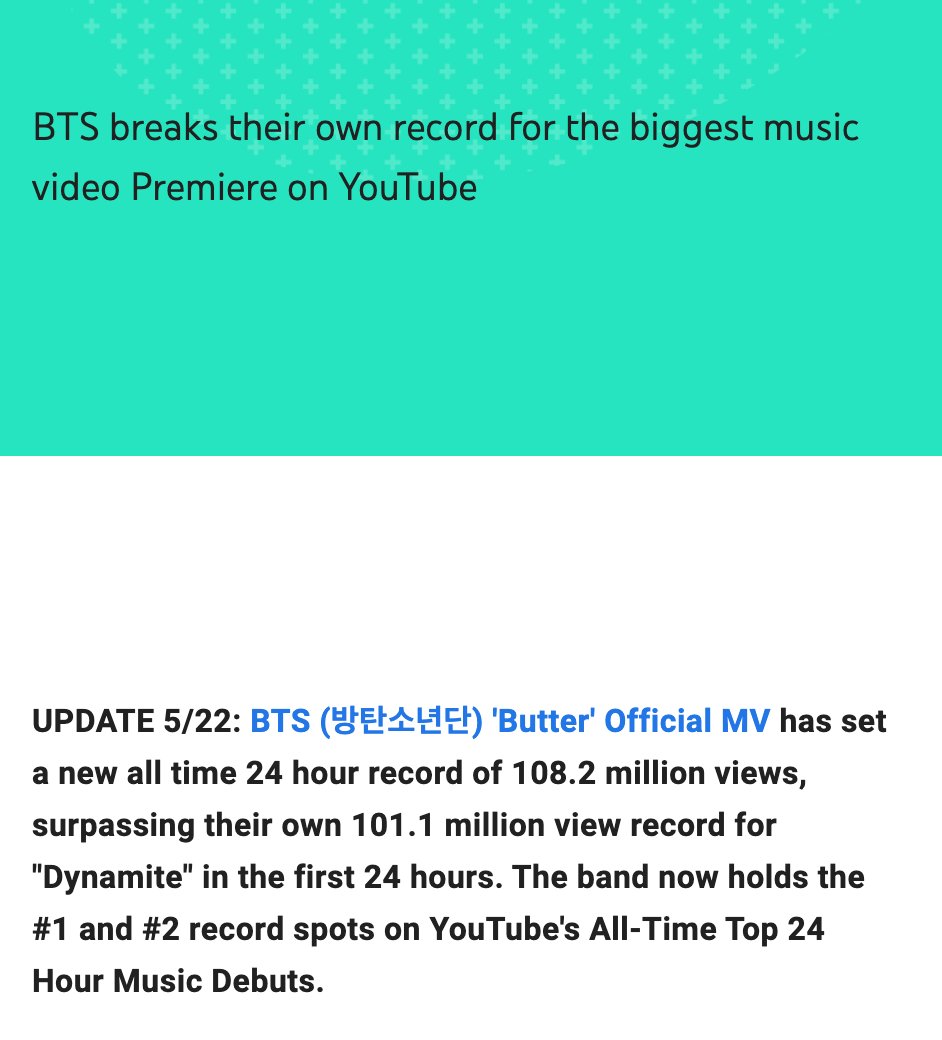 yoonseok__9394's tweet photo. Youtube đã xác nhận MV chính thức của Butter đã lập kỉ lục mới mọi thời đại trong 24 giờ với 108.2M view, vượt qua kỉ lục 101.1M views của chính họ trong Dynamite trong 24 giờ đầu. BTS hiện đang giữ vị trí kỉ lục 1 và 2
@BTS_twt #Butter_BTS #ButterTo150M https://t.co/fV191so8qB