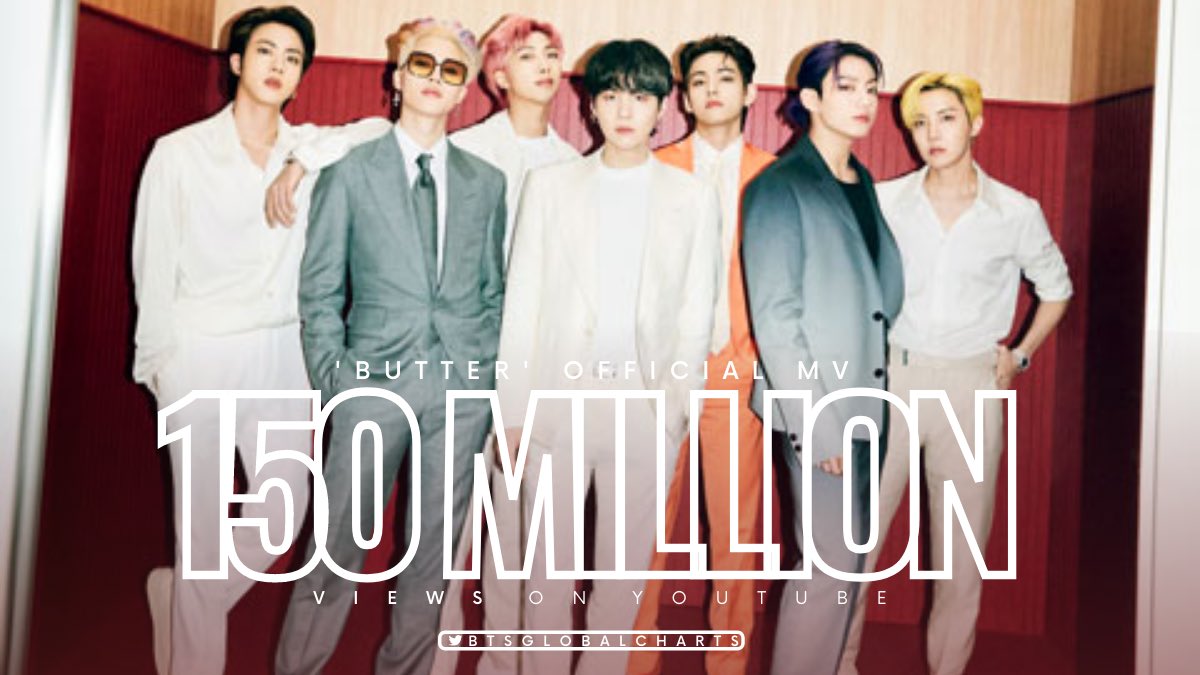 BANGTANHIIT's tweet photo. [📊] - o mv de "Butter" alcançou 150 milhões de veiws no YouTube em 2 dias e 15 minutos. Butter é o mv mais rápido da história do YouTube a chegar em 150 milhões de views.

#ButterTo150M @BTS_twt https://t.co/2PolBQxIfz