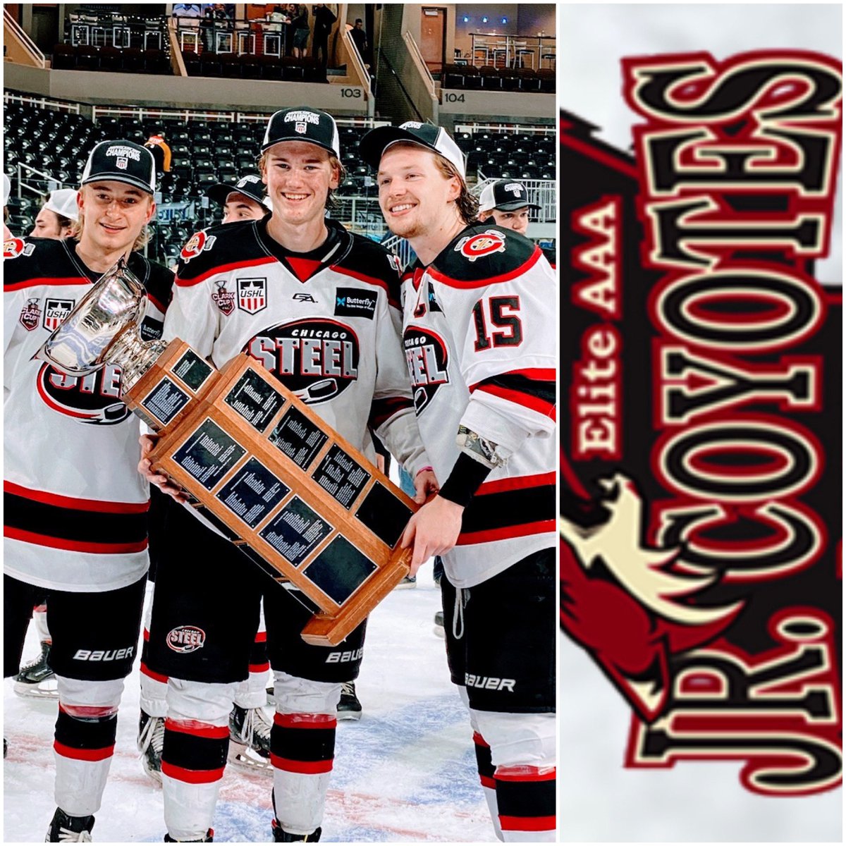 Congratulations to the 2021 Clark Cup Champions with a HUGE shoutout to Jr Coyote Alumni - Josh Doan, Erik Middendorf, and Jake Livanavage! Way to go! 🥇#ushl #clarkcupchampions #chicagosteel #jrcoyotes #arizona