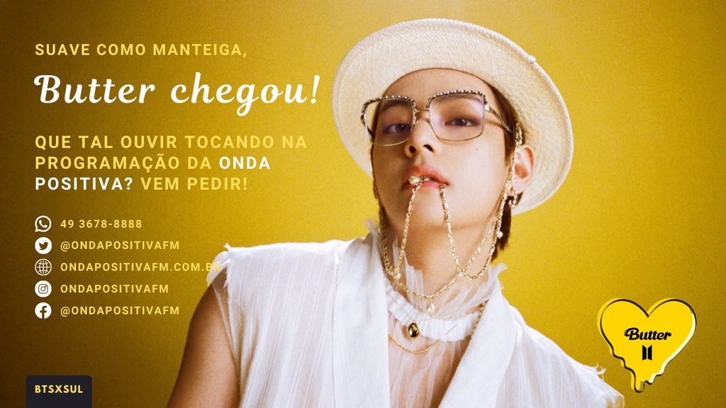 BTSxSUL's tweet photo. 📻 BUTTER NA RÁDIO🧈 

Penúltima da noite 🔥🔥🔥🔥

🧈 100 pedidos 
🧈 50 rt's

Exemplo:

Olá @OndaPositivaFM! Toca o novo single do grupo @BTS_twt ? Nós vamos amar ouvir BUTTER na sua programação! Obrigada!💛

| Moon☽ https://t.co/ViUAXC5jsJ