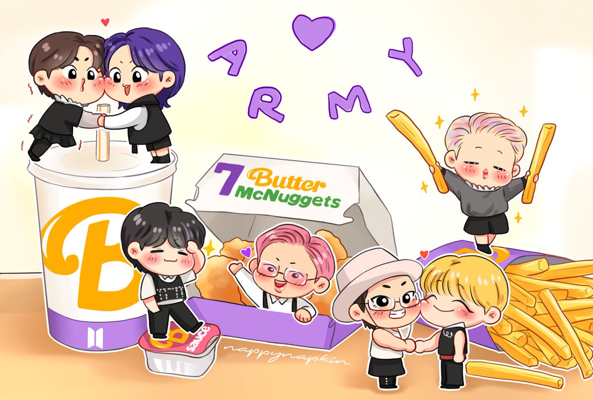 Here is the ARMY Butter Meal!!💜🧈 Order now and you will get: 1 Butter drink, 7 Butter McNuggets, 1 Butter dipping sauce, fries that were fried in butter and 7 Butter-themed Bangtannies 😌💛
#btsfanart #bts #ot7 #BTS_Butter @BTS_twt 