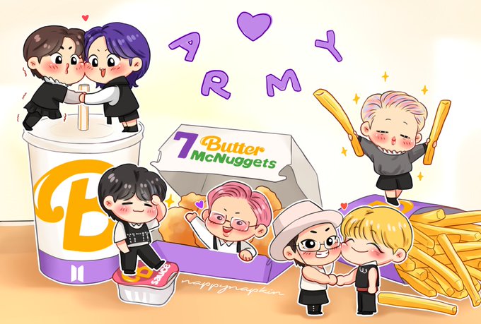 Here is the ARMY Butter Meal!!💜🧈 Order now and you will get: 1 Butter drink, 7 Butter McNuggets, 1 Butter dipping sauce, fries that were fried in butter and 7 Butter-themed Bangtannies 😌💛
#btsfanart #bts #ot7 #BTS_Butter @BTS_twt 