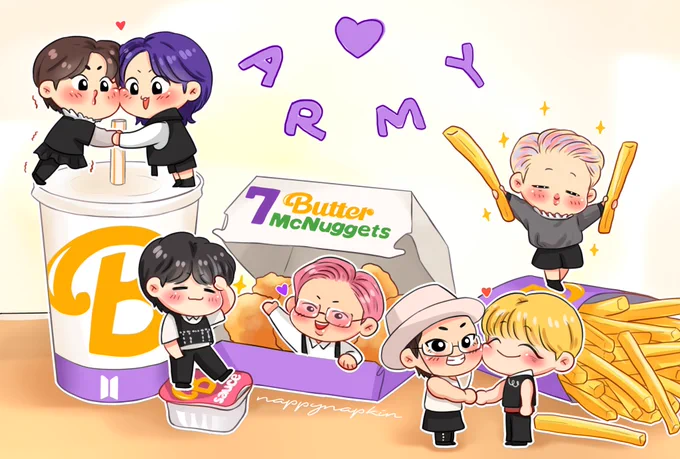 Here is the ARMY Butter Meal!!💜🧈 Order now and you will get: 1 Butter drink, 7 Butter McNuggets, 1 Butter dipping sauce, fries that were fried in butter and 7 Butter-themed Bangtannies 😌💛
#btsfanart #bts #ot7 #BTS_Butter @BTS_twt 