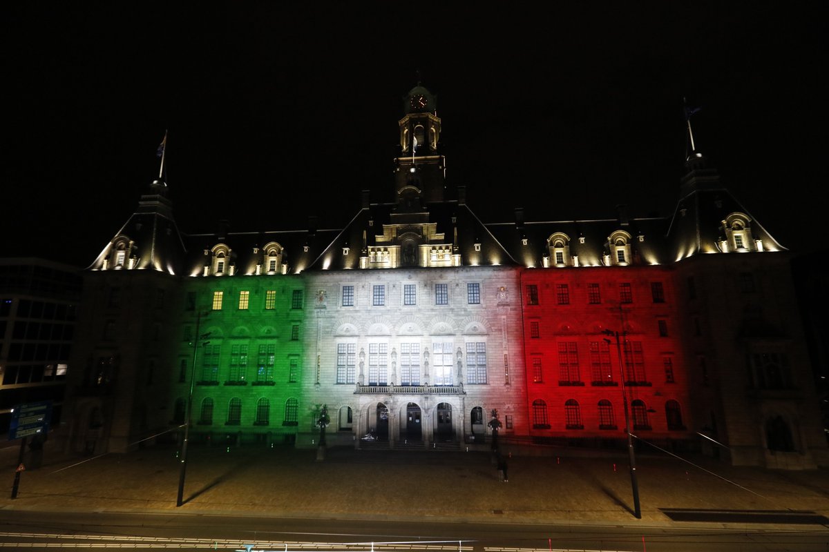 mama_corsica's tweet photo. the city hall in Rotterdam lid up for the new #eurovision winners💚 https://t.co/0qt9QT2Mef