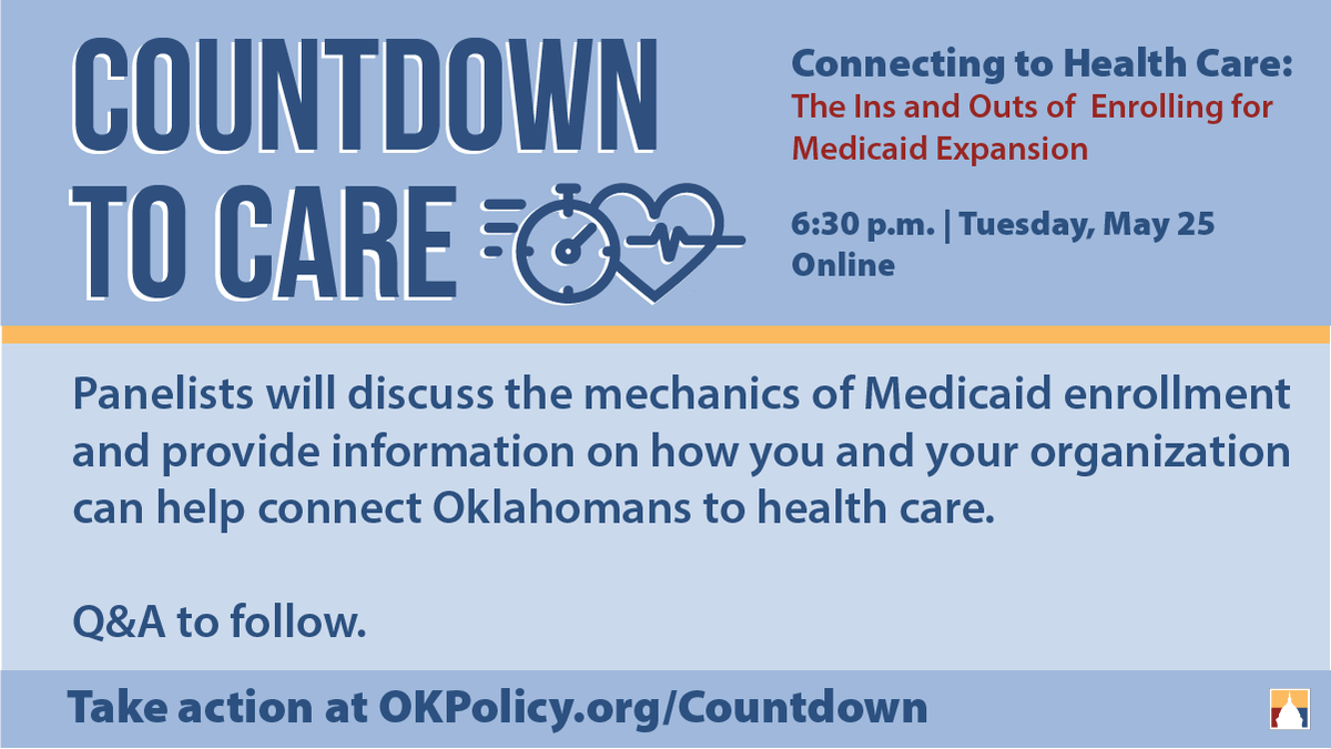 OKPolicy's tweet photo. Oklahomans who are newly eligible for coverage under Medicaid expansion need to know both that they are eligible & how to apply for coverage. To fill this information gap, OK Policy & the #CoverOK Coalition are co-hosting an online event. https://t.co/mJiPMphxM8 #CountdownToCare https://t.co/j5RrWuOltD