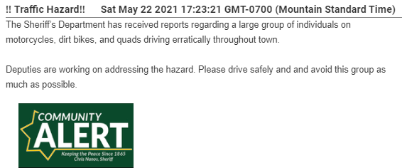 CCFirenIncident's tweet photo. #PimaCountySD has received reports regarding a large group of individuals on motorcycles, dirt bikes, and quads driving erratically throughout town.
Deputies are working on addressing the hazard. Please drive safely and and avoid this group as much as possible. https://t.co/1WhPyQwz0t