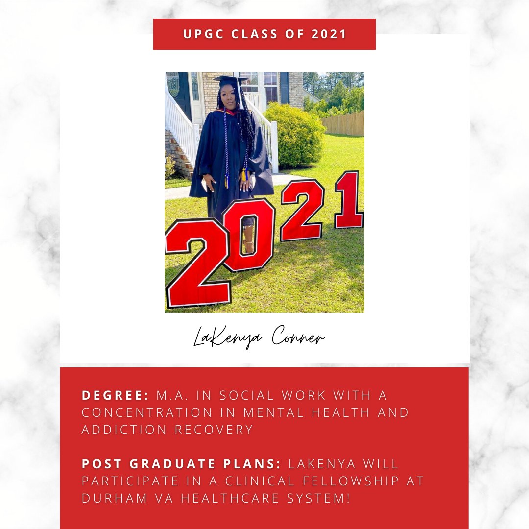 It's grad season! Congrats to LaKenya Conner who graduated with a Master of Social Work degree with a concentration in mental health and addiction recovery! She will participate in a clinical fellowship at Durham VA Healthcare System. Congrats grad!🎓